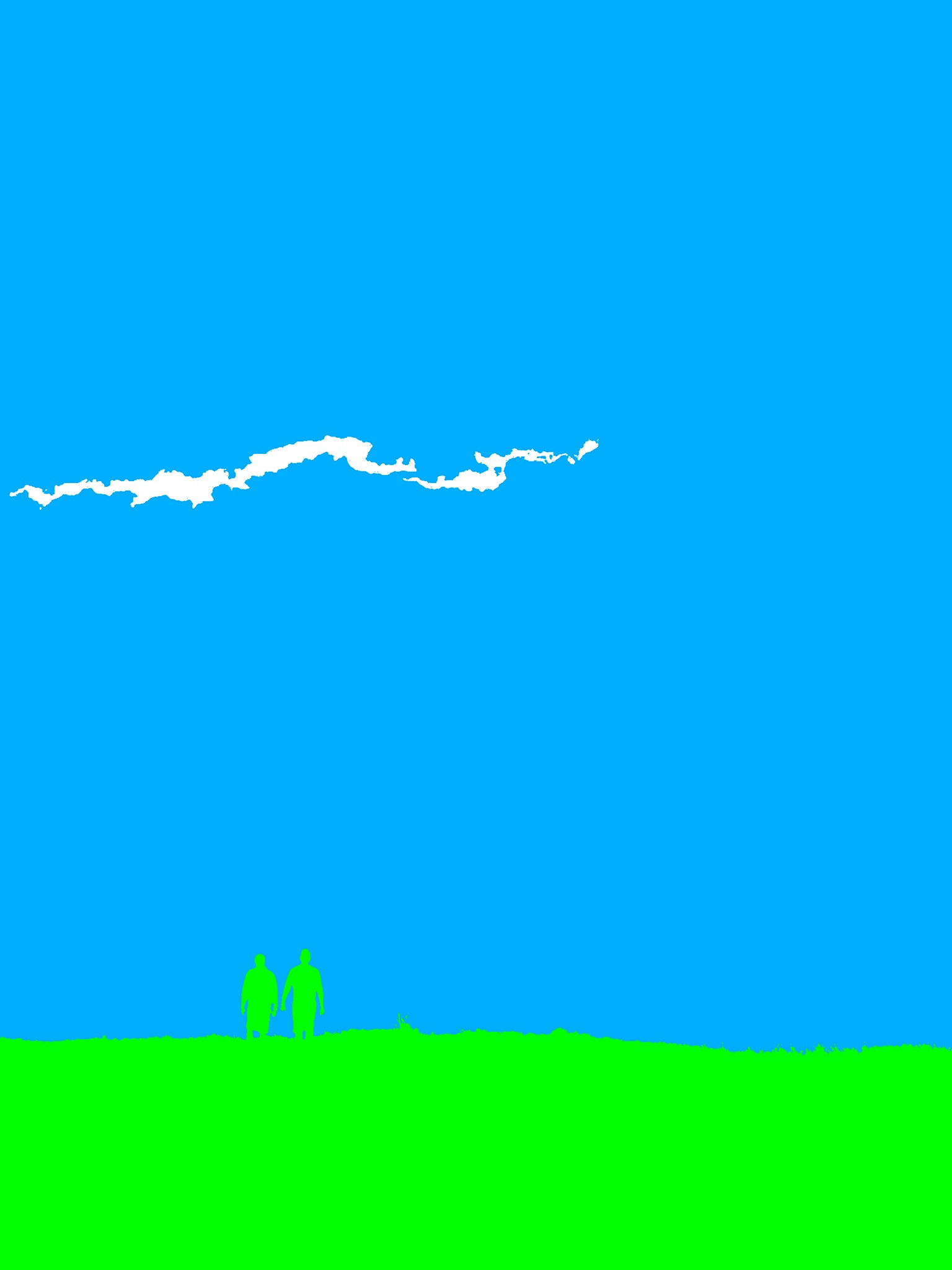 Vivid Country - Coffs Harbour Mutton Bird Island Walk - 0037-2v10b - 67.5x90cm, two silhouetted figures walk across bright green land beneath a strikingly minimalist cyan sky, with a single cloud above, bold, pop-inspired minimalism.