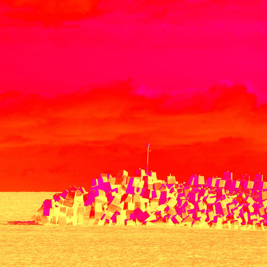 Vivid Country - Coffs Harbour South Breakwall - 6072v3 - Close Detail View, a surreal, neon-toned image of concrete blocks forming a breakwall beneath a vivid pink and orange sky, bathed in bold yellow hues.