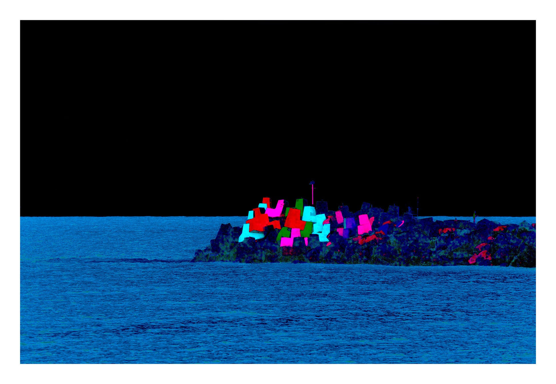 Vivid Country - Coffs Harbour South Breakwall - 6900019-3v17b - 104x74cm, a vivid, pop-style rendering of the iconic Coffs Harbour painted blocks on the breakwall, set against a dramatic black sky and deep blue sea.
