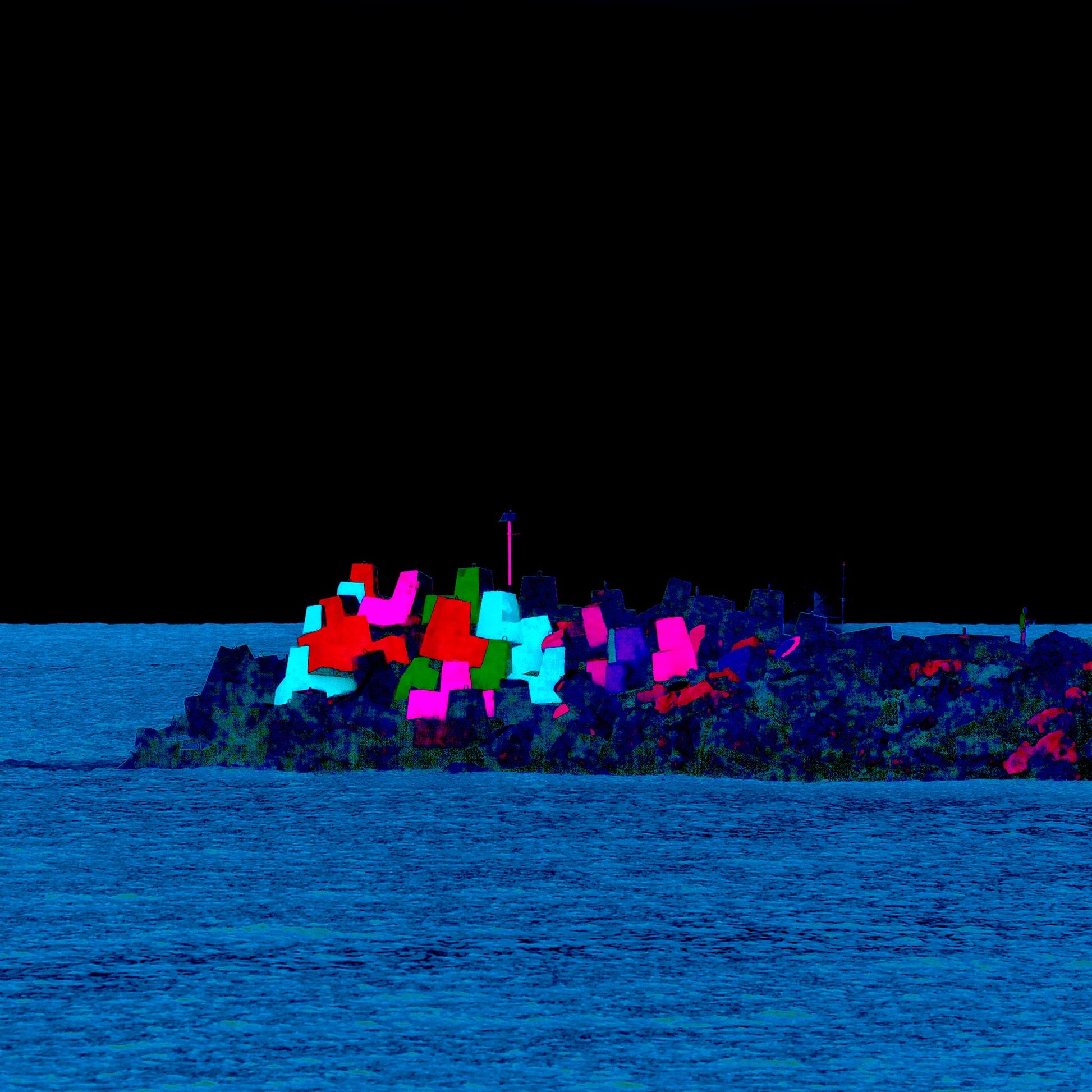 Vivid Country - Coffs Harbour South Breakwall - 6900019-3v17b - Close Detail View, a vivid, pop-style rendering of the iconic Coffs Harbour painted blocks on the breakwall, set against a dramatic black sky and deep blue sea.