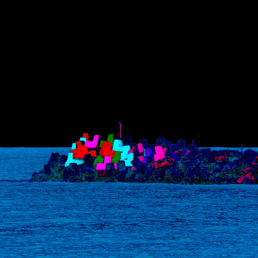 Vivid Country - Coffs Harbour South Breakwall - 6900019-3v17b - Close Detail View, a vivid, pop-style rendering of the iconic Coffs Harbour painted blocks on the breakwall, set against a dramatic black sky and deep blue sea.