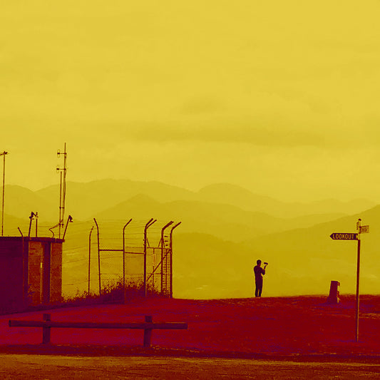 Vivid Country - Coffs Harbour The Selfie 1932v36a - Close Detail View, a lone figure takes a selfie at a mountaintop lookout, silhouetted against layered hills and framed by golden tones and utilitarian structures in this modern landscape portrait.