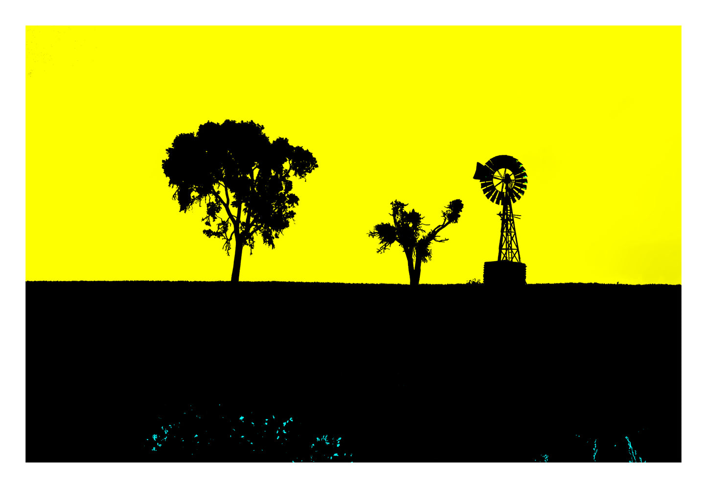Vivid Country - Croppa Creek Baroma Downs Windmill - 2092v8a - 104x74cm, a striking silhouette of two trees and a windmill stand against a vibrant yellow sky in this bold rural landscape composition.