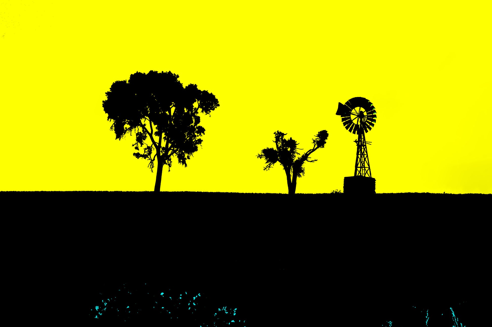 Vivid Country - Croppa Creek Baroma Downs Windmill - 2092v8a - 90x60cm, a striking silhouette of two trees and a windmill stand against a vibrant yellow sky in this bold rural landscape composition.