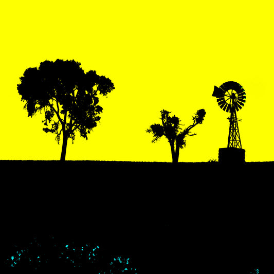 Vivid Country - Croppa Creek Baroma Downs Windmill - 2092v8a - Close Detail View, a striking silhouette of two trees and a windmill stand against a vibrant yellow sky in this bold rural landscape composition.