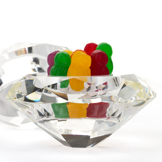 Diamonds Are 1643 - Close Detail View, colourful jelly baby figures standing upright in a large faceted crystal bowl shaped like a diamond, with a second gem behind, fine art photograph by Raymond Mather, ART1.