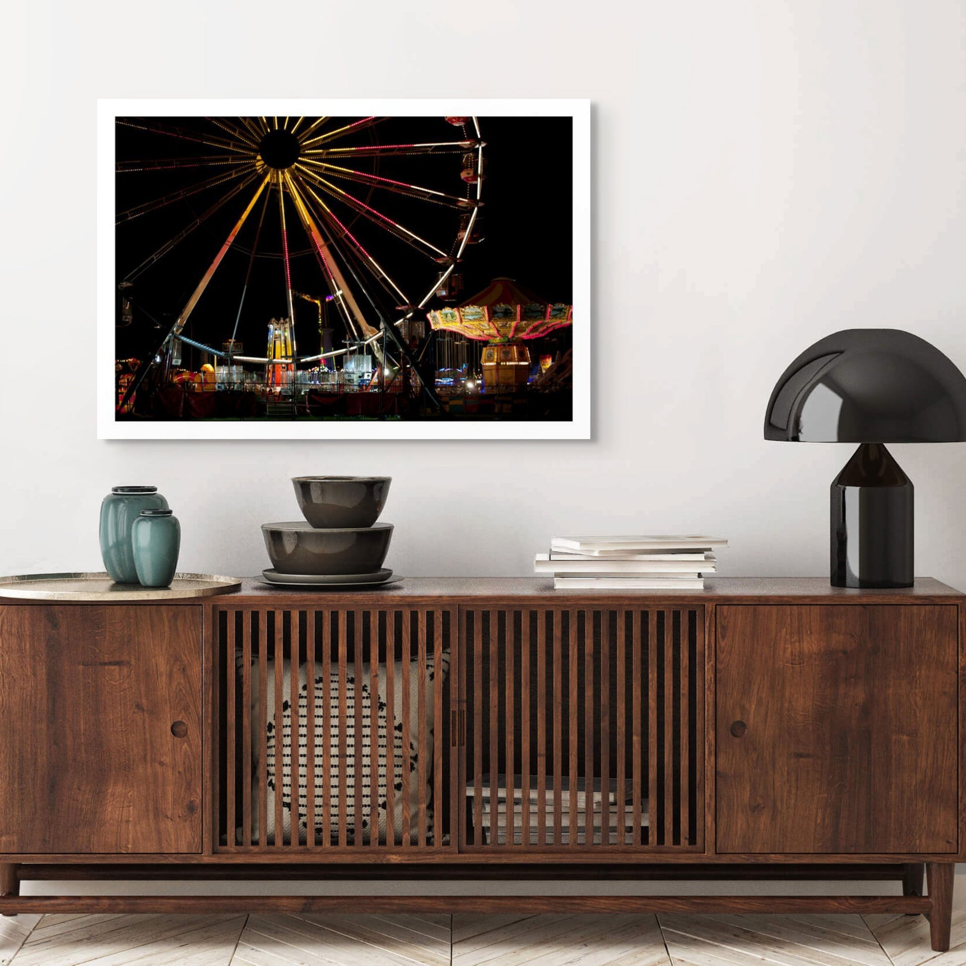 Fairground Carnival Lights 6900003v3 - Room View, Ferris wheel glowing against twilight sky with carnival rides below, fine art limited edition print by Raymond Mather, ART1.