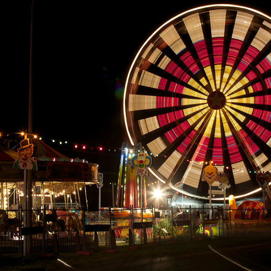 Fairground Carnival Lights 6900116 - Close Detail View, Ferris wheel with bold red and yellow pattern and carnival lights at night, fine art limited edition print by Raymond Mather, ART1.
