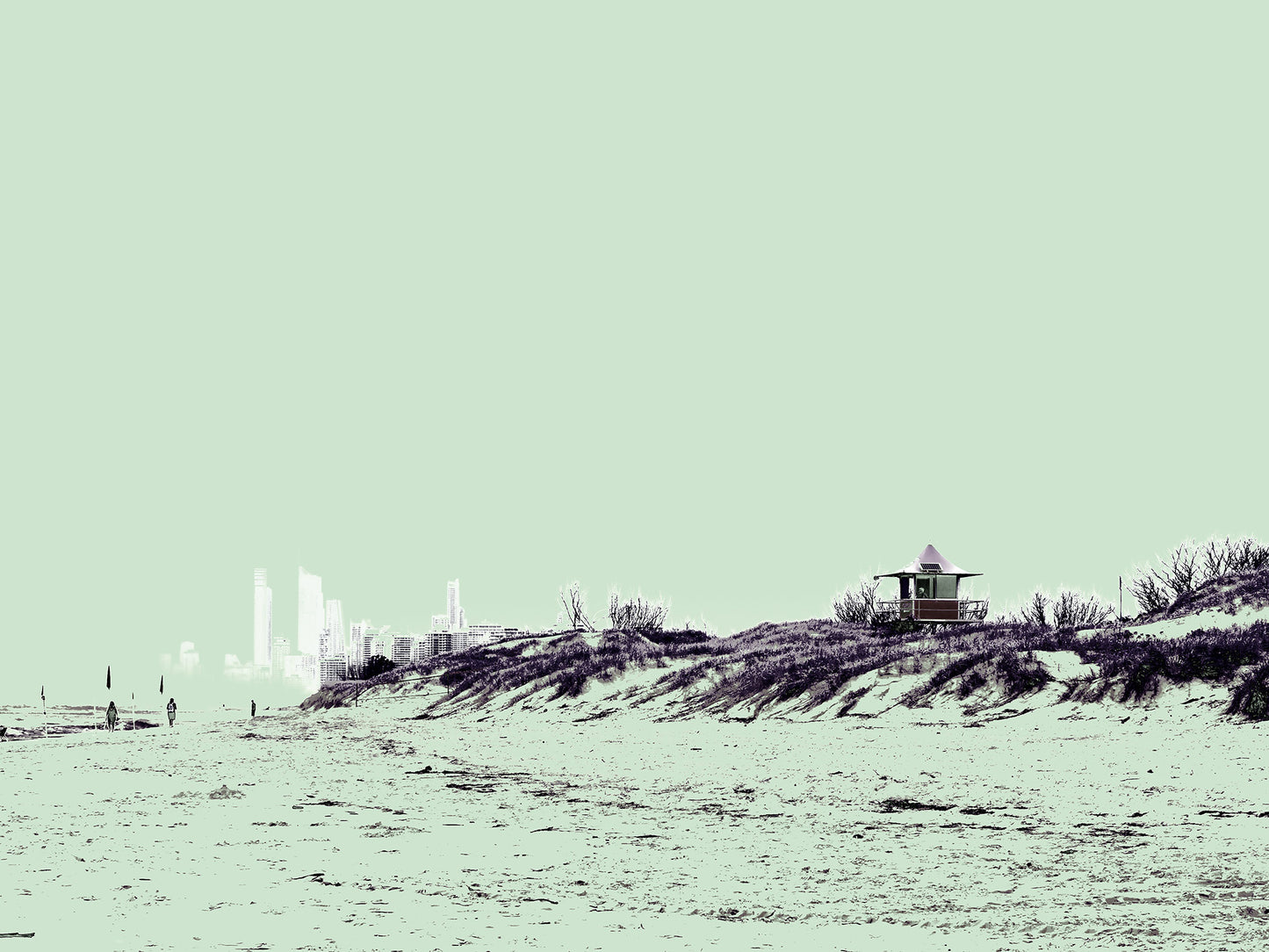 Vivid Country - Gold Coast The Spit - 0085v22 - 90x67.5cm, a wide sandy beach with a single lifeguard tower on a dune, the Gold Coast skyline softened in the background beneath a pale celadon sky.