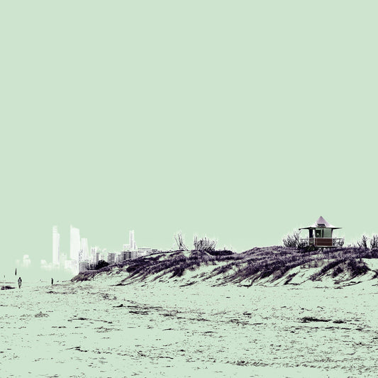 Vivid Country - Gold Coast The Spit - 0085v22 - Close Detail View, a wide sandy beach with a single lifeguard tower on a dune, the Gold Coast skyline softened in the background beneath a pale celadon sky.