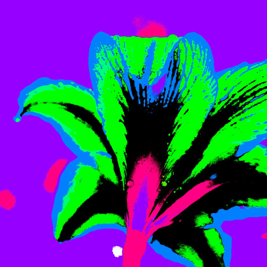Hippeastrum No.1 - 181910v5 - Close Detail View, Stylised rear view of a hippeastrum in neon green, cyan, and pink against a vivid purple background, digitally rendered in a bold Pop Art style.