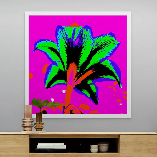 Hippeastrum No.1 - 181910v6 - Room View, Rear view of hippeastrum in neon green, blue, and red against a hot pink background, rendered in extreme Pop Art colour and high-contrast styling.