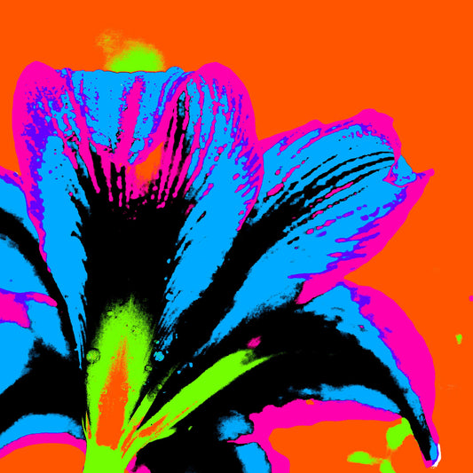 Hippeastrum No.1 - 181910v8 - Close Detail View, Neon-coloured hippeastrum flower viewed from behind in vivid blue, pink, green, and black against a bold orange background, digitally rendered in extreme Pop Art style.