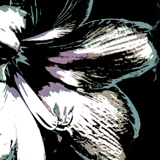 Hippeastrum No.3 - 181911v22 - Close Detail View, Pale green, mauve, and silver-toned stylised hippeastrum flower against black background, digitally rendered with delicate Pop Art textures and soft contrast.