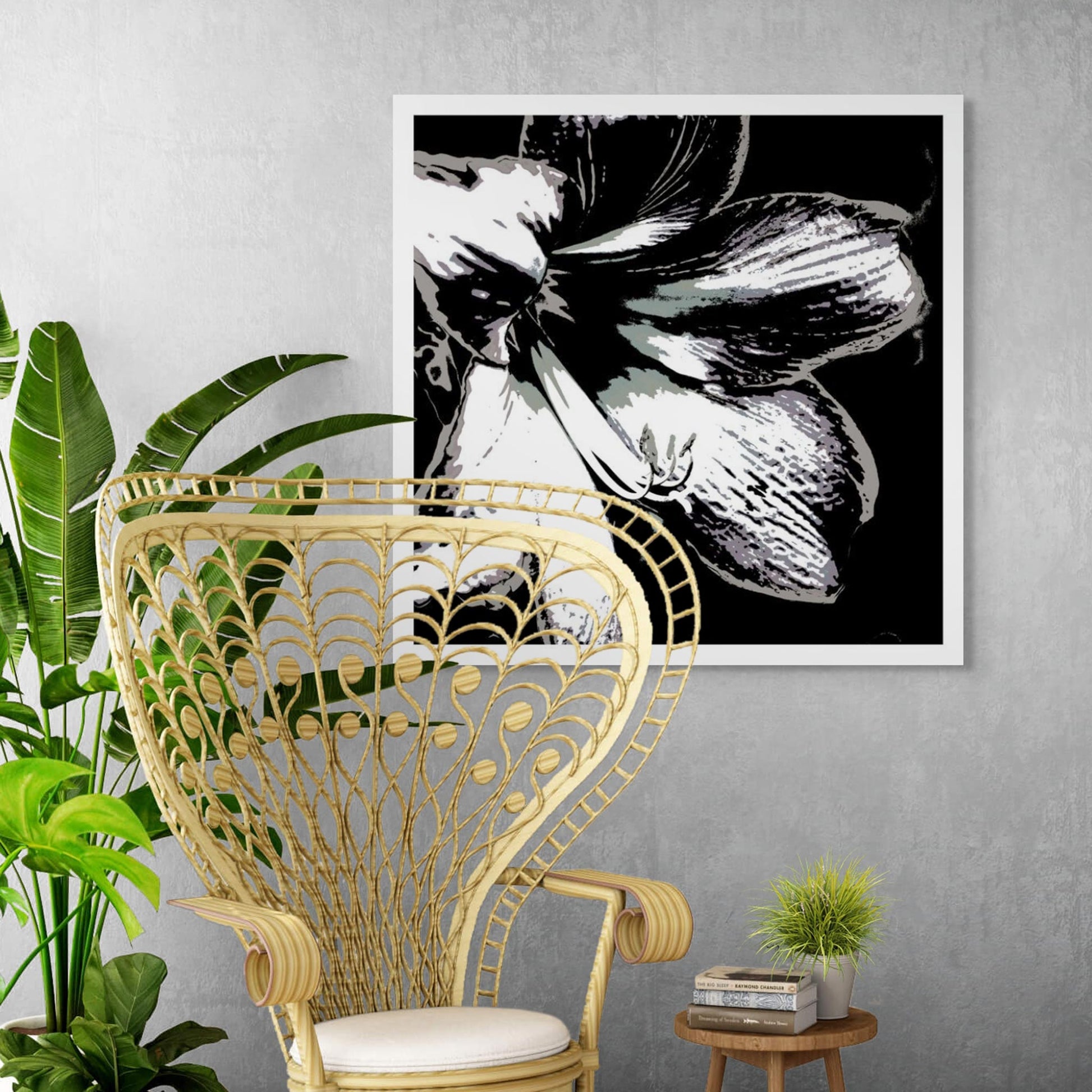 Hippeastrum No.3 - 181911v24 - Room View, Stylised close-up of a hippeastrum in grey, charcoal, and off-white tones, digitally rendered with Pop Art contouring and soft monochrome contrast.
