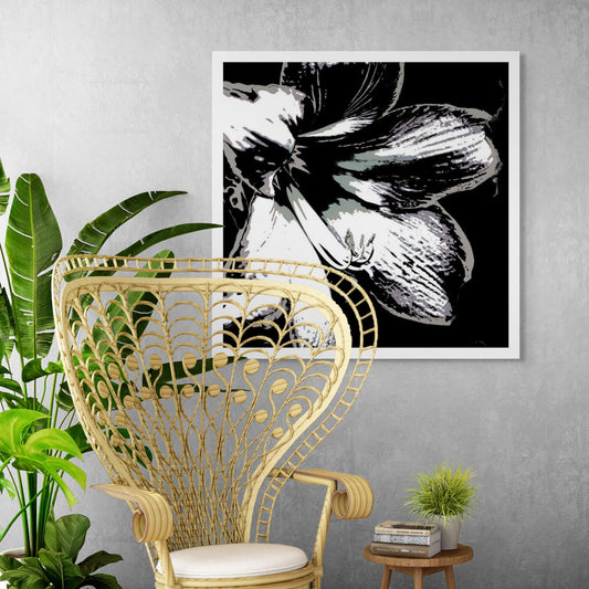 Hippeastrum No.3 - 181911v24 - Room View, Stylised close-up of a hippeastrum in grey, charcoal, and off-white tones, digitally rendered with Pop Art contouring and soft monochrome contrast.