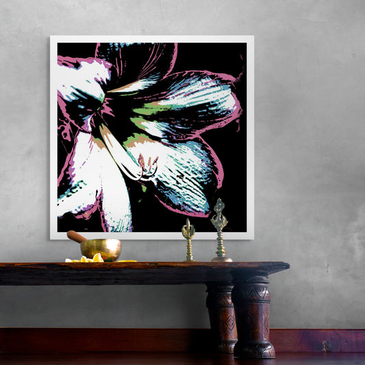 Hippeastrum No.3 - 181911v27 - Room View, Close-up of a stylised hippeastrum flower in soft teal, candy pink, lime green and white, set against a black background with Pop Art linework and contrast.