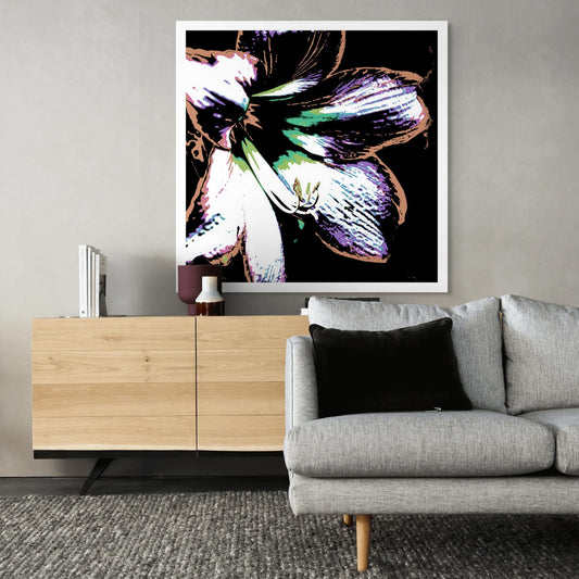 Hippeastrum No.3 - 181911v28 - Room View, Stylised hippeastrum flower in soft mint, lilac, and earthy sienna tones with black background, rendered in high-contrast Pop Art style with a vintage-modern feel.