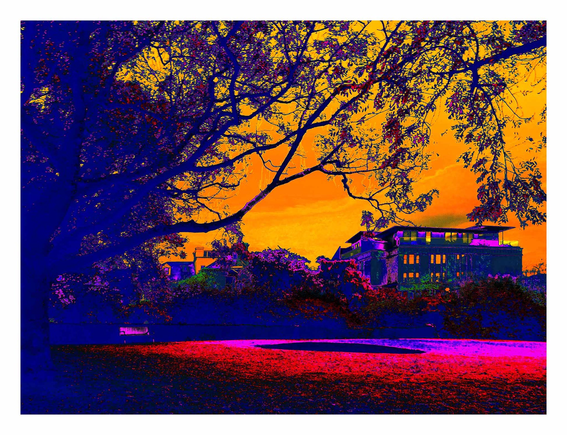 Vivid Country - Hobart The Lenna Hotel - 0006v16a - 104x81.5cm, an expressive Pop Art-style image of Hobart’s Lenna Hotel at sunrise, framed by dark trees and a glowing orange sky, with vibrant purple and red tones creating an atmospheric, nostalgic mood.