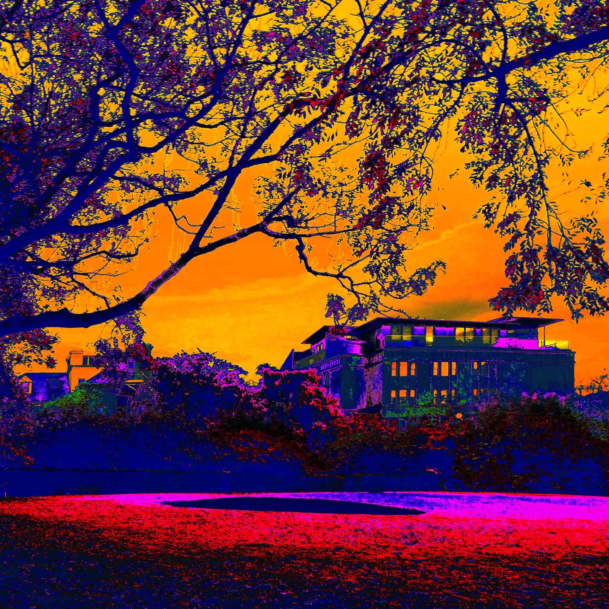 Vivid Country - Hobart The Lenna Hotel - 0006v16a - Close Detail View, an expressive Pop Art-style image of Hobart’s Lenna Hotel at sunrise, framed by dark trees and a glowing orange sky, with vibrant purple and red tones creating an atmospheric, nostalgic mood.