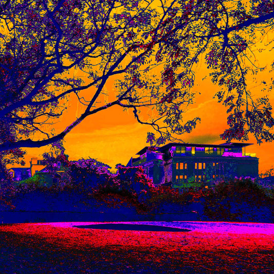 Vivid Country - Hobart The Lenna Hotel - 0006v16a - Close Detail View, an expressive Pop Art-style image of Hobart’s Lenna Hotel at sunrise, framed by dark trees and a glowing orange sky, with vibrant purple and red tones creating an atmospheric, nostalgic mood.