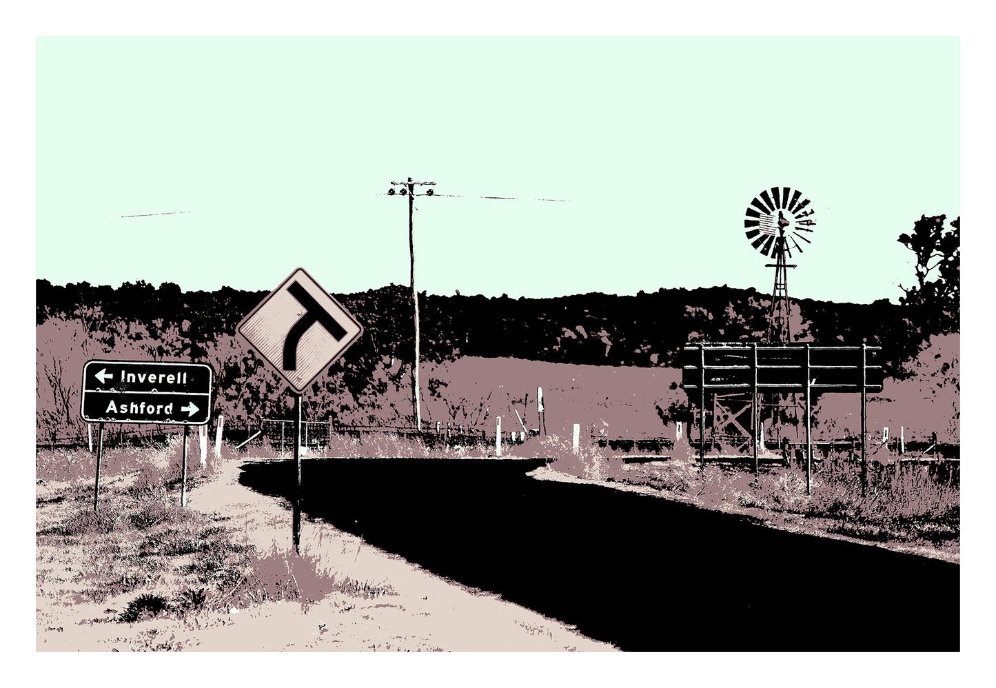 Vivid Country - Inverell Windmill Signs - 5080v21 - 104x74cm, a stylised Pop Art image of a rural Australian road intersection with signs pointing to Inverell and Ashford, a windmill, and distant hills in a pastel palette.