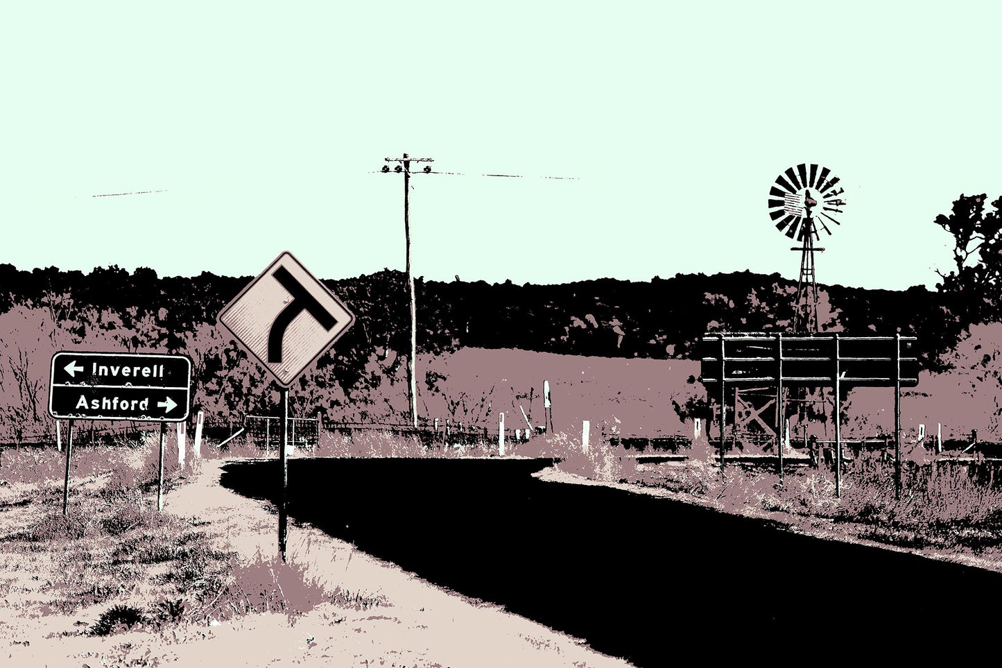 Vivid Country - Inverell Windmill Signs - 5080v21 - 90x60cm, a stylised Pop Art image of a rural Australian road intersection with signs pointing to Inverell and Ashford, a windmill, and distant hills in a pastel palette.