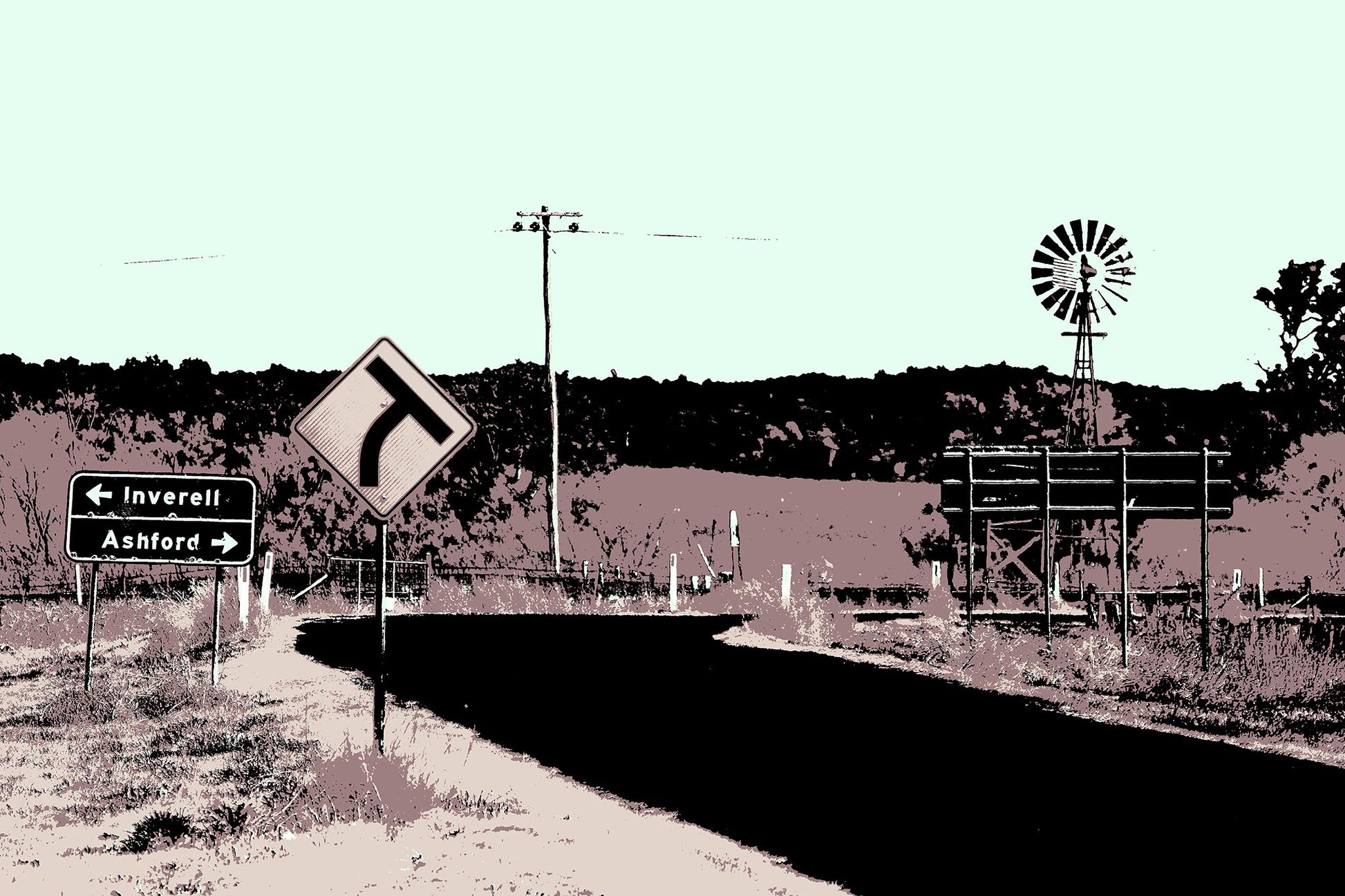 Vivid Country - Inverell Windmill Signs - 5080v21 - 90x60cm, a stylised Pop Art image of a rural Australian road intersection with signs pointing to Inverell and Ashford, a windmill, and distant hills in a pastel palette.