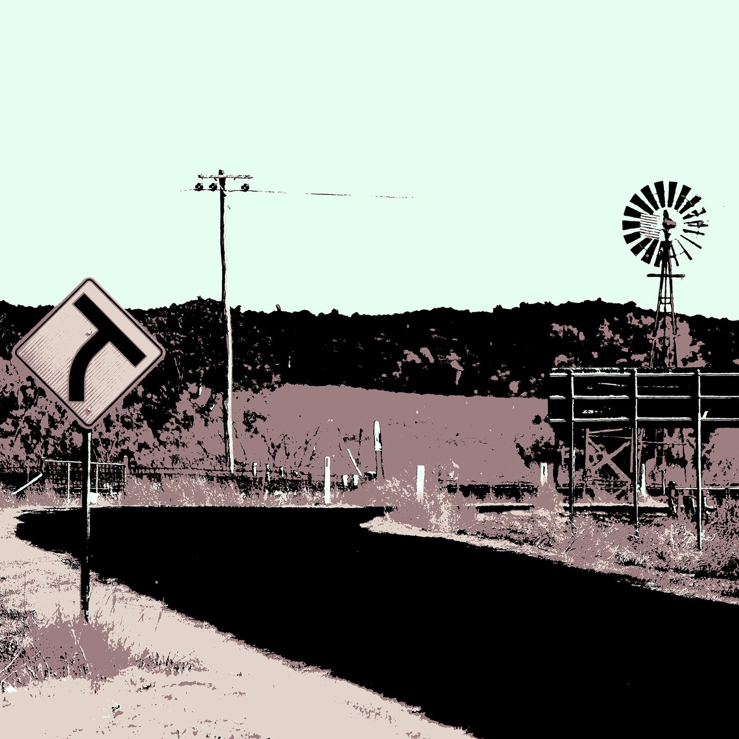 Vivid Country - Inverell Windmill Signs - 5080v21 - Close Detail View, a stylised Pop Art image of a rural Australian road intersection with signs pointing to Inverell and Ashford, a windmill, and distant hills in a pastel palette.
