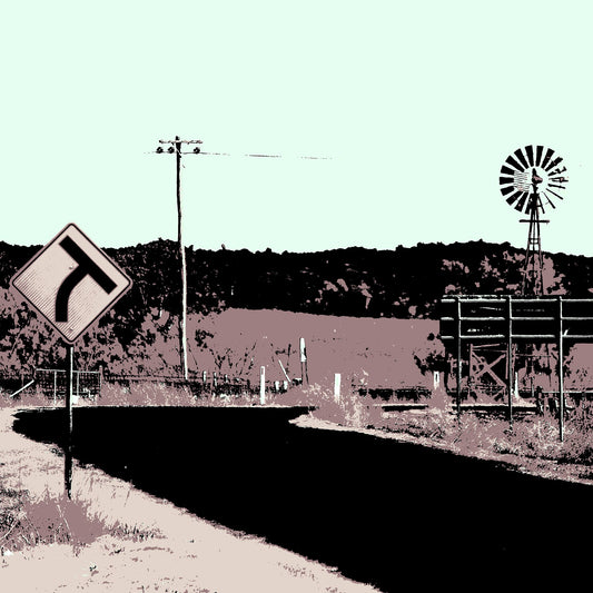 Vivid Country - Inverell Windmill Signs - 5080v21 - Close Detail View, a stylised Pop Art image of a rural Australian road intersection with signs pointing to Inverell and Ashford, a windmill, and distant hills in a pastel palette.