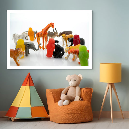 Life’s a Zoo 2816v1 - Room View, whimsical fine art photograph featuring colourful gummy figures surrounded by miniature toy animals including a giraffe, elephant, lion, zebra and chimpanzee on a white reflective surface, playfully evoking the chaos and charm of life as a zoo, limited edition by Raymond Mather, ART1.