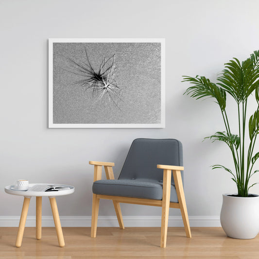 Monochrome Mix - Beach - Spinifex - 184003 - Room View, A coastal spinifex plant resting on textured sand, its long blades casting radial shadows in black and white. Minimalist natural geometry. Limited edition fine art print.