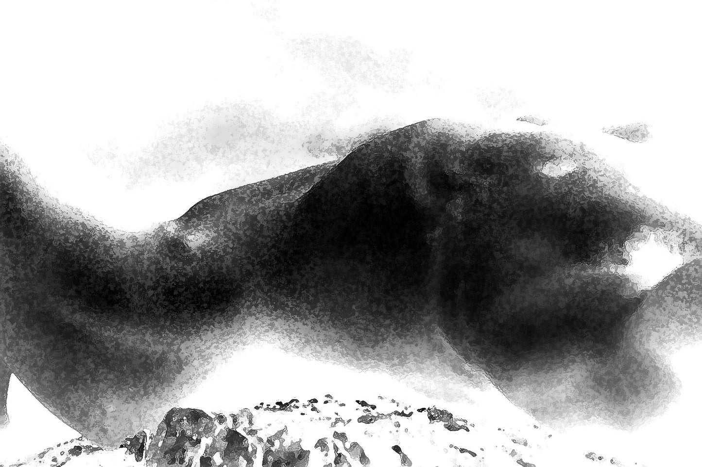 Monochrome Mix - Cairns - Coastal Recline - Body Form - 924644v4 - 104x74cm, Abstract black-and-white artwork suggesting a reclining human figure formed from a coastal landscape, with soft gradients and rocky textures creating a dreamlike fusion of body and terrain.
