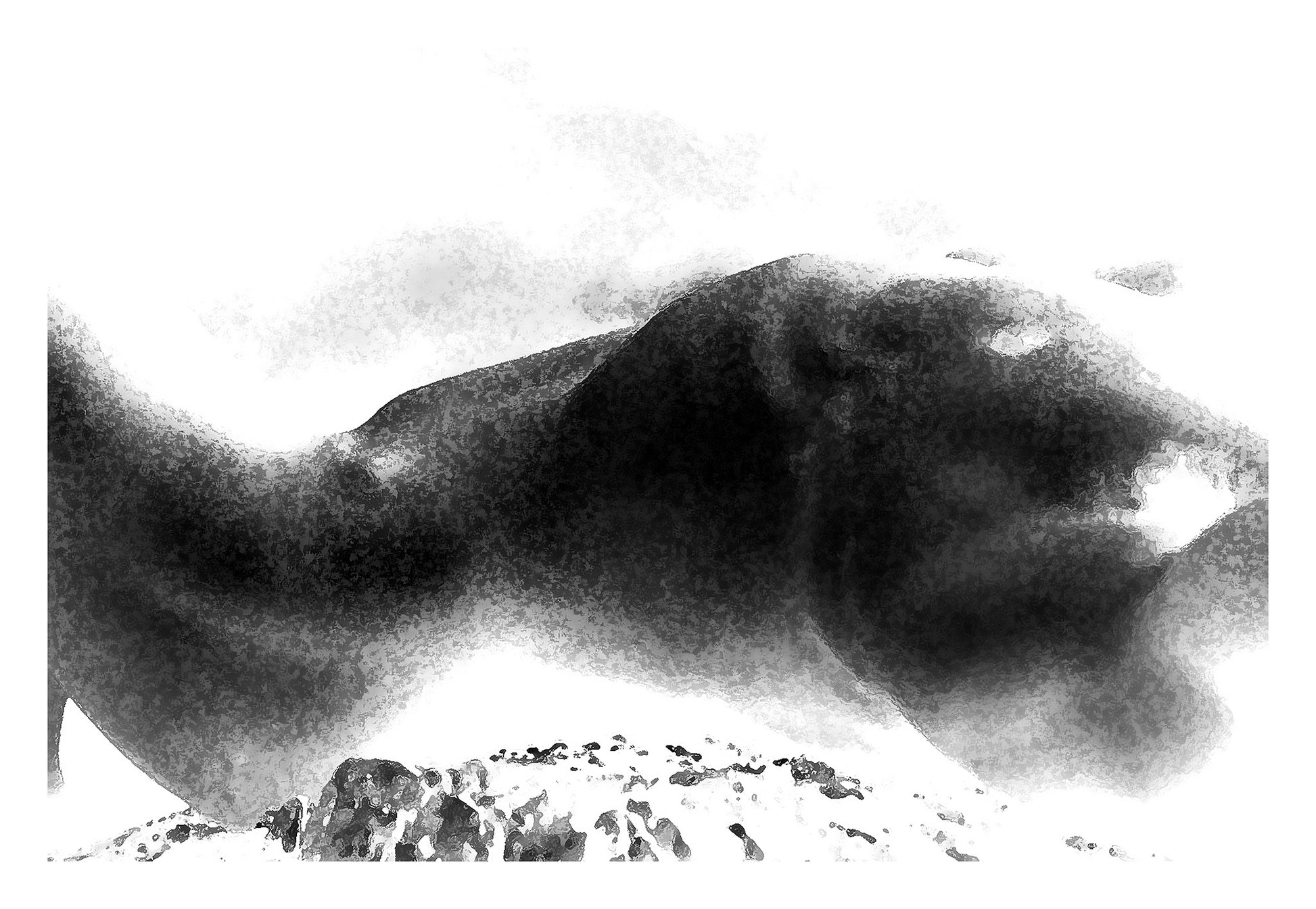 Monochrome Mix - Cairns - Coastal Recline - Body Form - 924644v4 - 90x60cm, Abstract black-and-white artwork suggesting a reclining human figure formed from a coastal landscape, with soft gradients and rocky textures creating a dreamlike fusion of body and terrain.