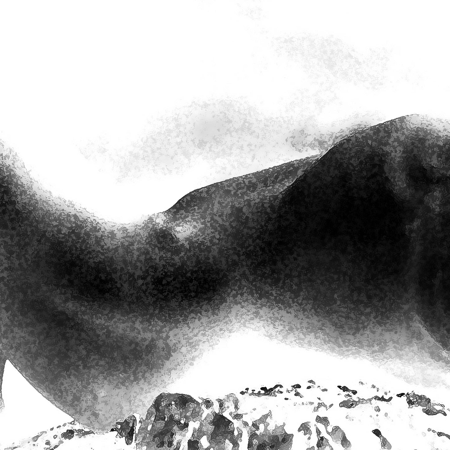 Monochrome Mix - Cairns - Coastal Recline - Body Form - 924644v4 - Close Detail View, Abstract black-and-white artwork suggesting a reclining human figure formed from a coastal landscape, with soft gradients and rocky textures creating a dreamlike fusion of body and terrain.