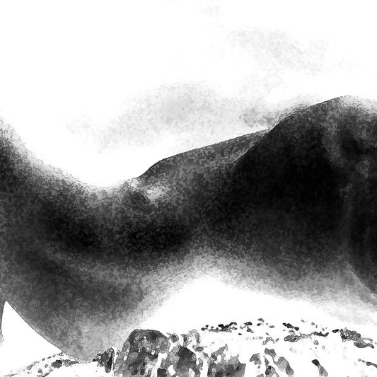 Monochrome Mix - Cairns - Coastal Recline - Body Form - 924644v4 - Close Detail View, Abstract black-and-white artwork suggesting a reclining human figure formed from a coastal landscape, with soft gradients and rocky textures creating a dreamlike fusion of body and terrain.