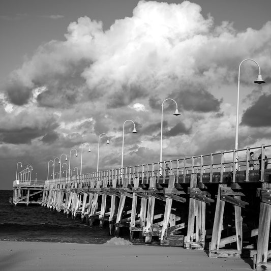 Monochrome Mix - Jetty - Coffs Harbour - 186500v1 - Close Detail View, A black and white photograph of the Coffs Harbour jetty under a sky of dramatic clouds, with strong structural contrast and sweeping perspective. Limited edition fine art print.