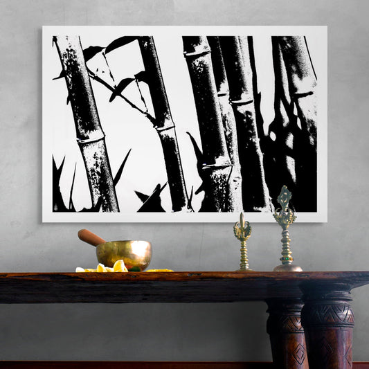 Monochrome Mix - Friday Creek - Bamboo - 61221027v18 - Room View, A high-contrast black and white image of bamboo stalks and leaves, featuring bold textures and stark light-dark interplay.