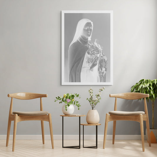 Monochrome Mix - Icons on the Mantel - 183073 - Room View, A soft black and white image of Saint Thérèse of Lisieux holding roses and a cross, exuding peaceful grace and spiritual tenderness.