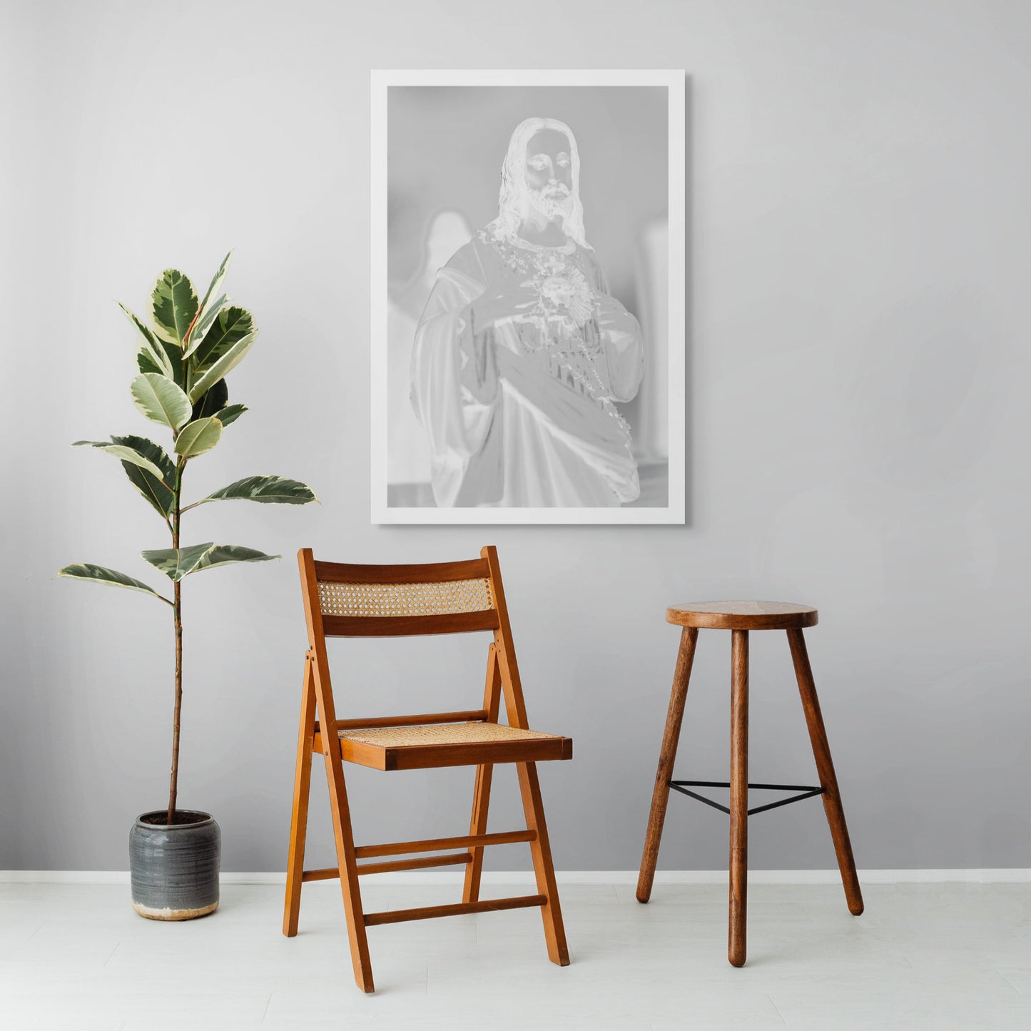 Monochrome Mix - Icons on the Mantel - 183081 - Room View, Soft-focus black and white image of a Sacred Heart of Jesus statue, with subtle ethereal lighting evoking spiritual presence and quiet reverence