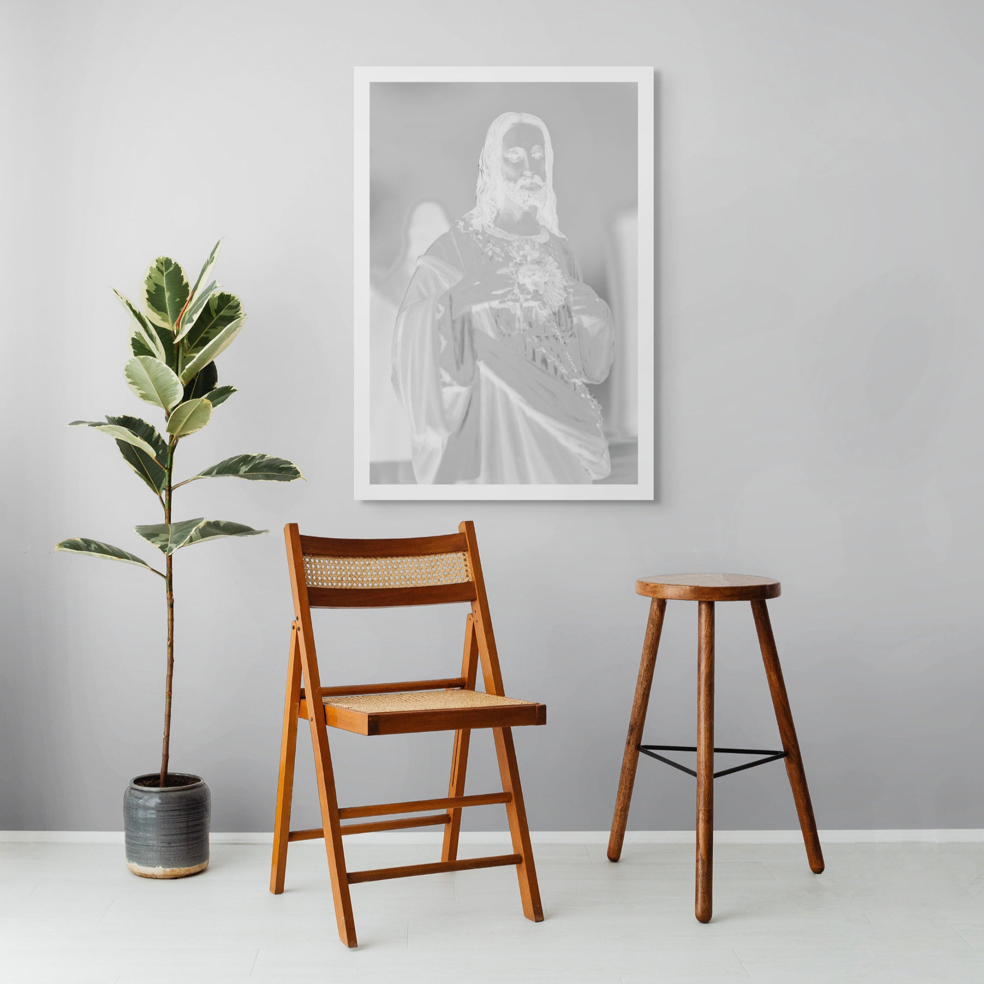 Monochrome Mix - Icons on the Mantel - 183081 - Room View, Soft-focus black and white image of a Sacred Heart of Jesus statue, with subtle ethereal lighting evoking spiritual presence and quiet reverence