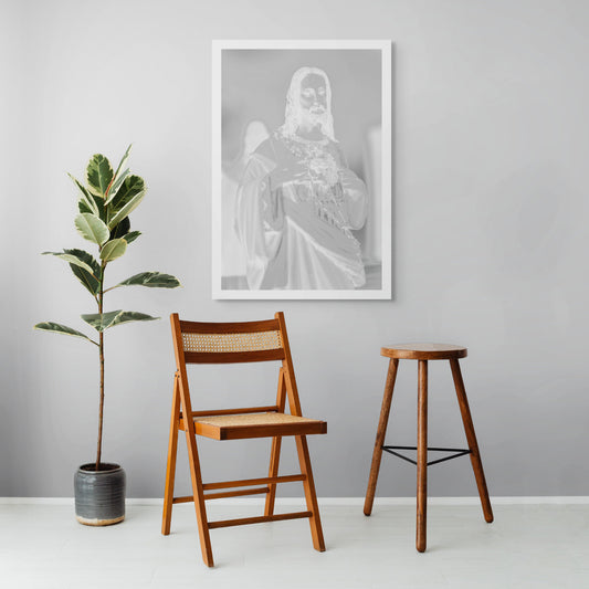 Monochrome Mix - Icons on the Mantel - 183081 - Room View, Soft-focus black and white image of a Sacred Heart of Jesus statue, with subtle ethereal lighting evoking spiritual presence and quiet reverence