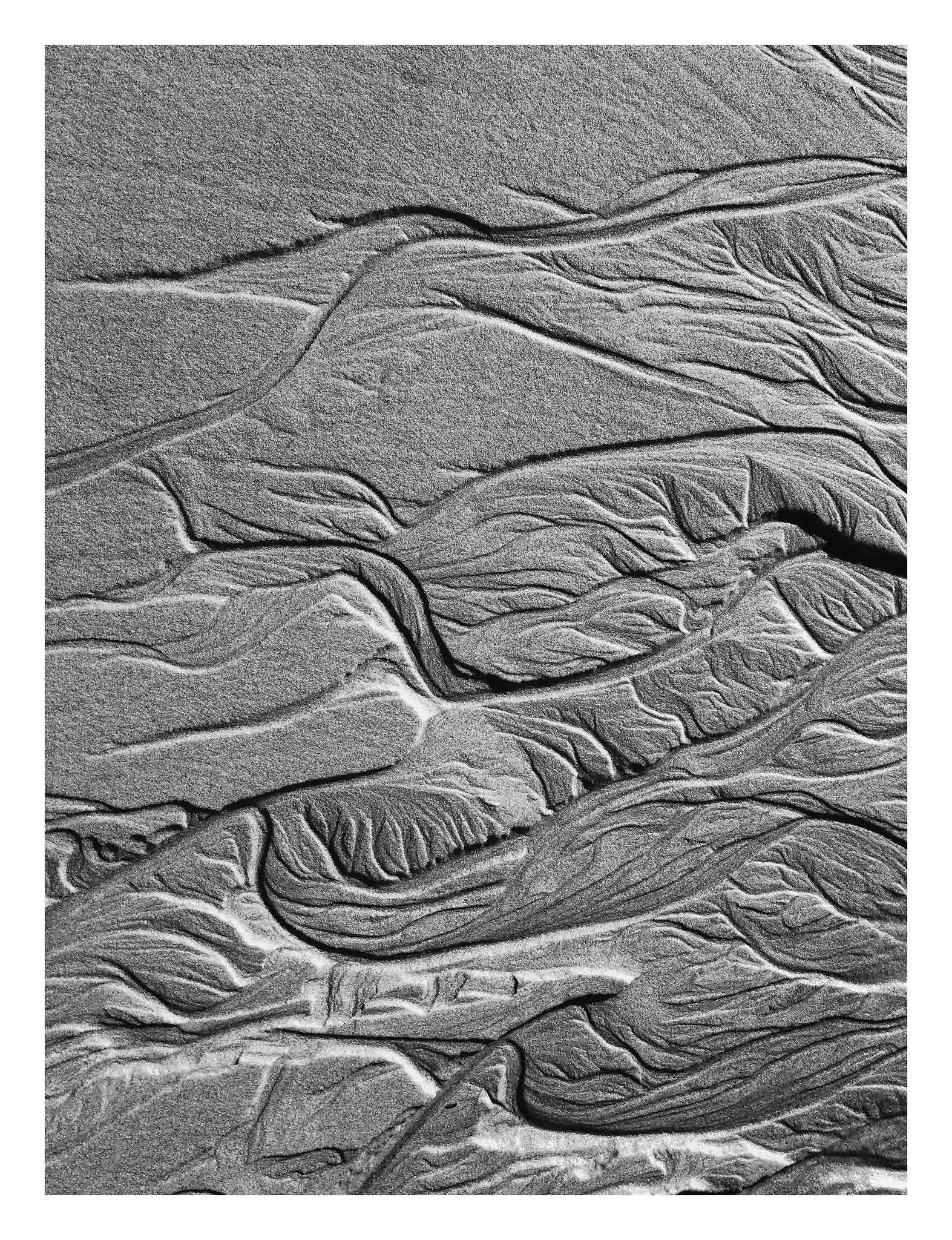 Monochrome Mix - Scotts Head - Beach Sand Tidal Forms - 19E4544 - 81.5x104cm, Vertical black and white photograph showcasing finely textured tidal sand formations with flowing, organic patterns on the beach at Scotts Head.
