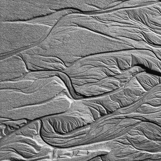 Monochrome Mix - Scotts Head - Beach Sand Tidal Forms - 19E4544 - Close Detail View, Vertical black and white photograph showcasing finely textured tidal sand formations with flowing, organic patterns on the beach at Scotts Head.