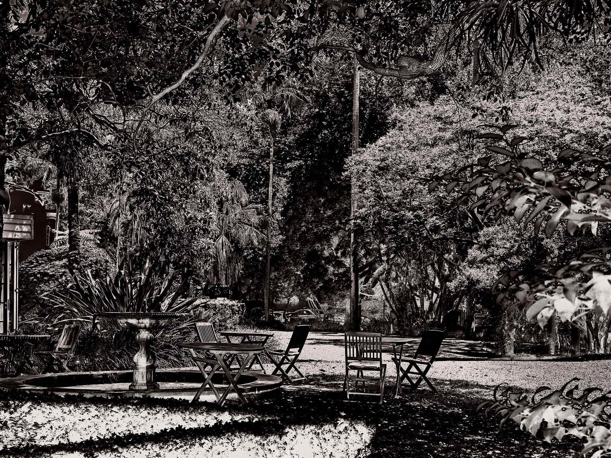 Monochrome Mix - Garden - Woollahra - Sydney - 222108v6 - 90x67.5cm, A richly textured black and white garden scene featuring scattered chairs, a fountain, and dense tree canopy in a tranquil urban park setting. Limited edition fine art print.