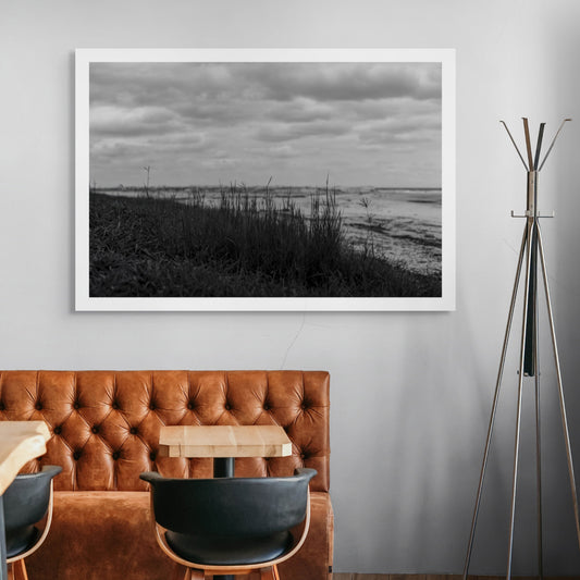 Monochrome Mix - Valla Beach - Beach Dune Grass - 176737 - Room View, Black and white photograph of fine grass silhouetted in the foreground on a coastal dune at Valla Beach, with a moody sky and gentle shoreline blurred in the distance.