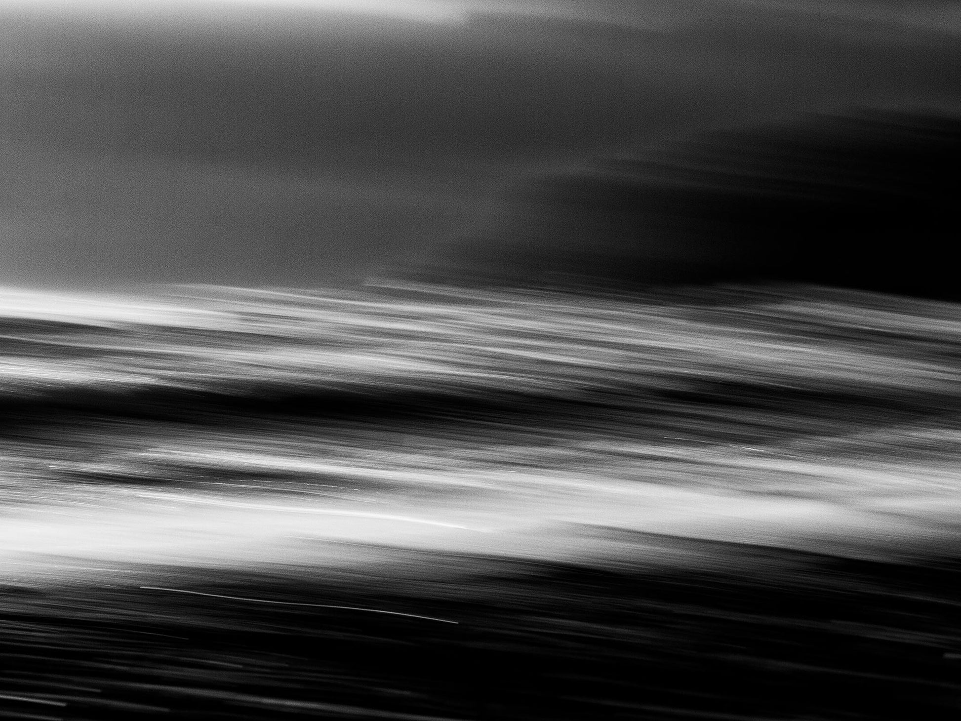 Monochrome Mix - Wave Motion - 80084 - 90x60cm, A black and white abstract seascape with motion blur capturing the energy and flow of ocean waves in horizontal streaks. Dynamic and expressive. Limited edition fine art print.
