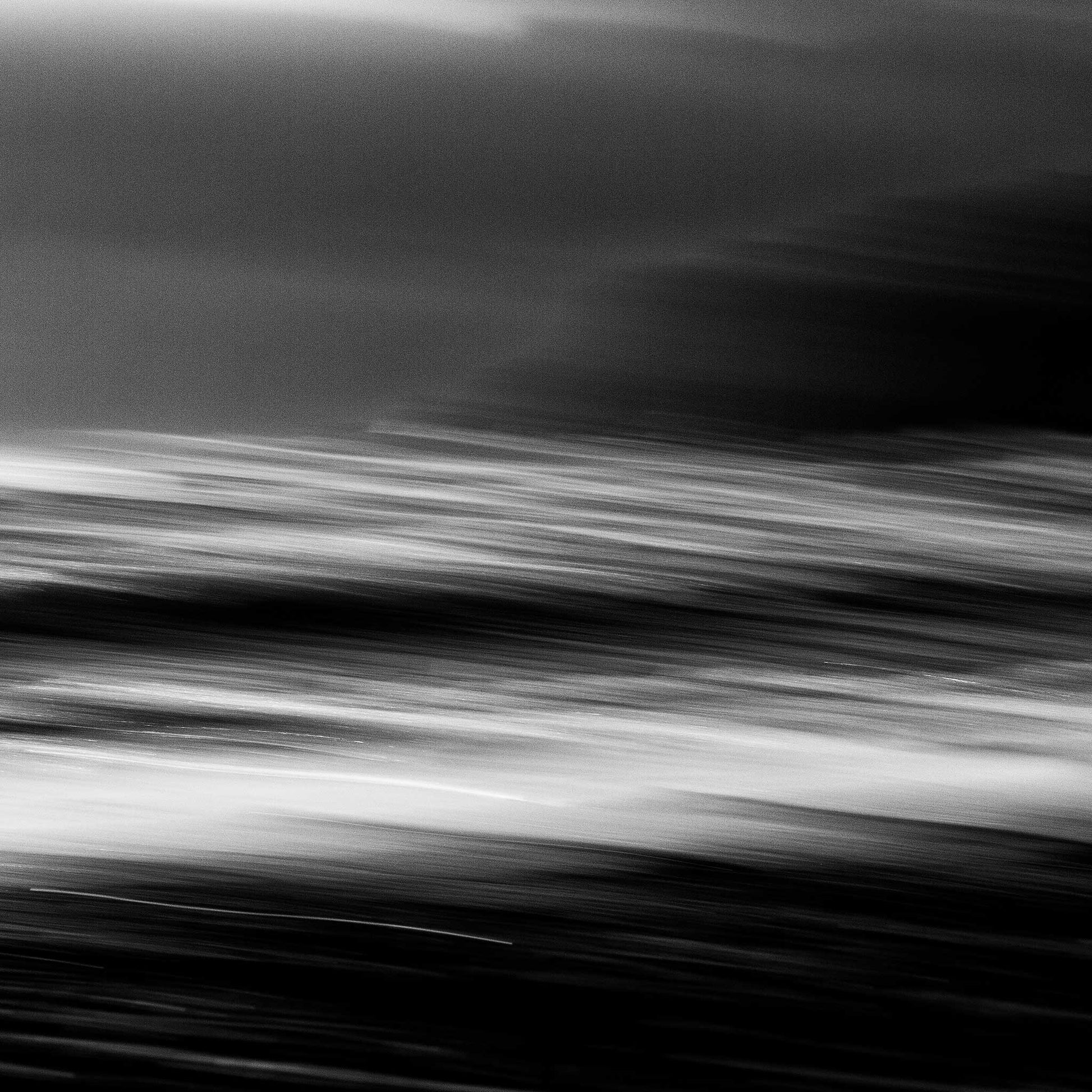 Monochrome Mix - Wave Motion - 80084 - Close Detail View, A black and white abstract seascape with motion blur capturing the energy and flow of ocean waves in horizontal streaks. Dynamic and expressive. Limited edition fine art print.