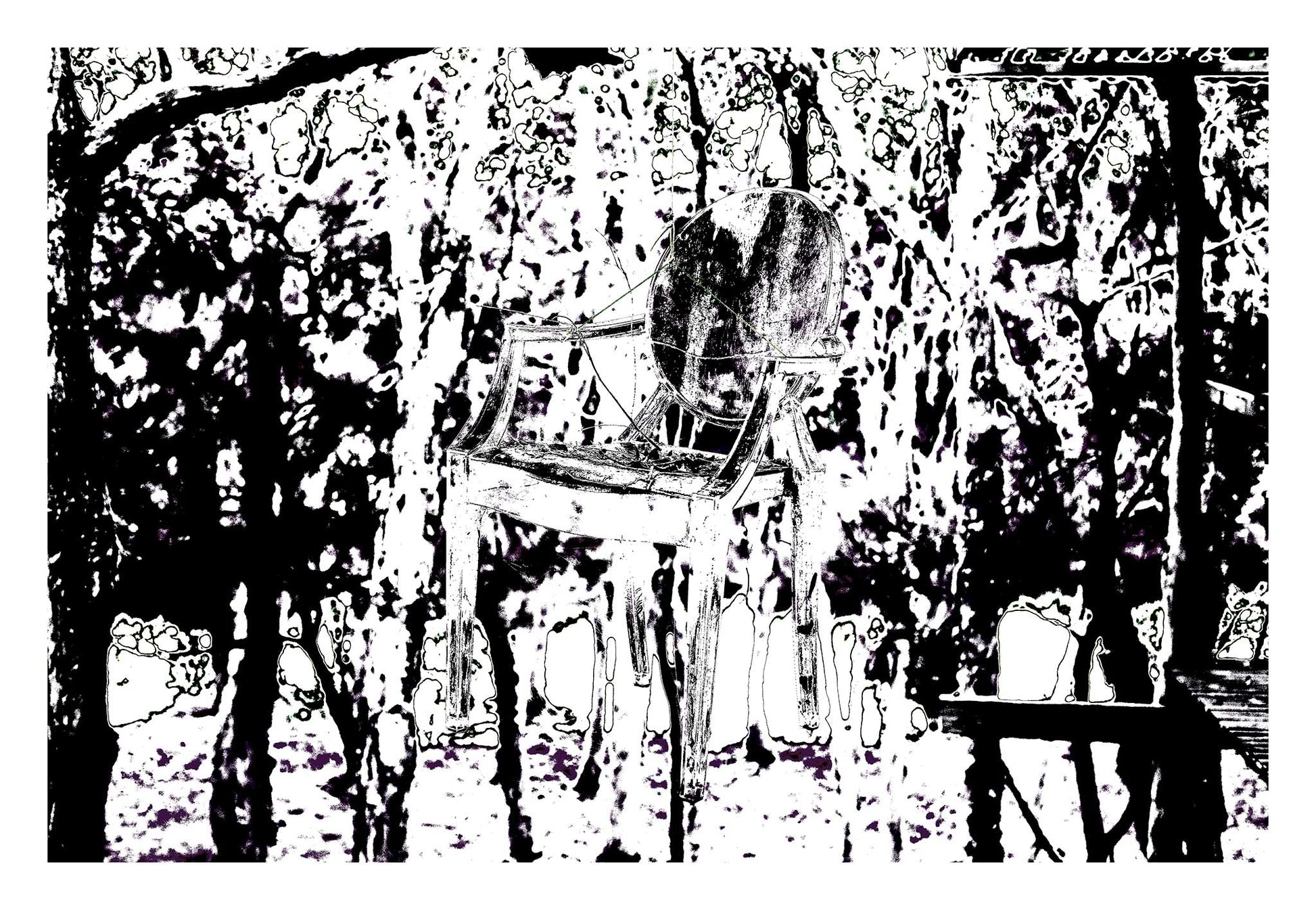 Monochrome Mix - Woolgoolga - Ghost Chair - 205114v17 - 104x74cm, Black and white stylised image of a vintage armchair suspended in a dense forest, with high-contrast tree forms and eerie negative-space detailing.