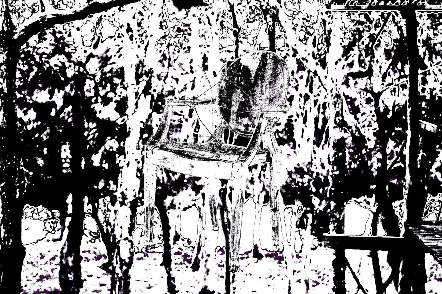 Monochrome Mix - Woolgoolga - Ghost Chair - 205114v17 - 90x60cm, Black and white stylised image of a vintage armchair suspended in a dense forest, with high-contrast tree forms and eerie negative-space detailing.